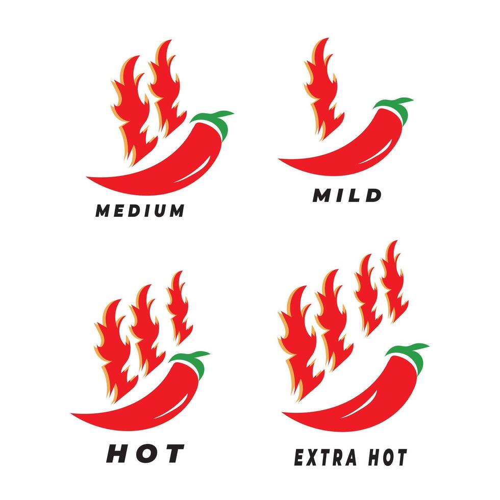 A set of chili icons with fire featuring a flaming design in bright red and orange colors, ideal for logos, symbols, decorations and illustrations. vector