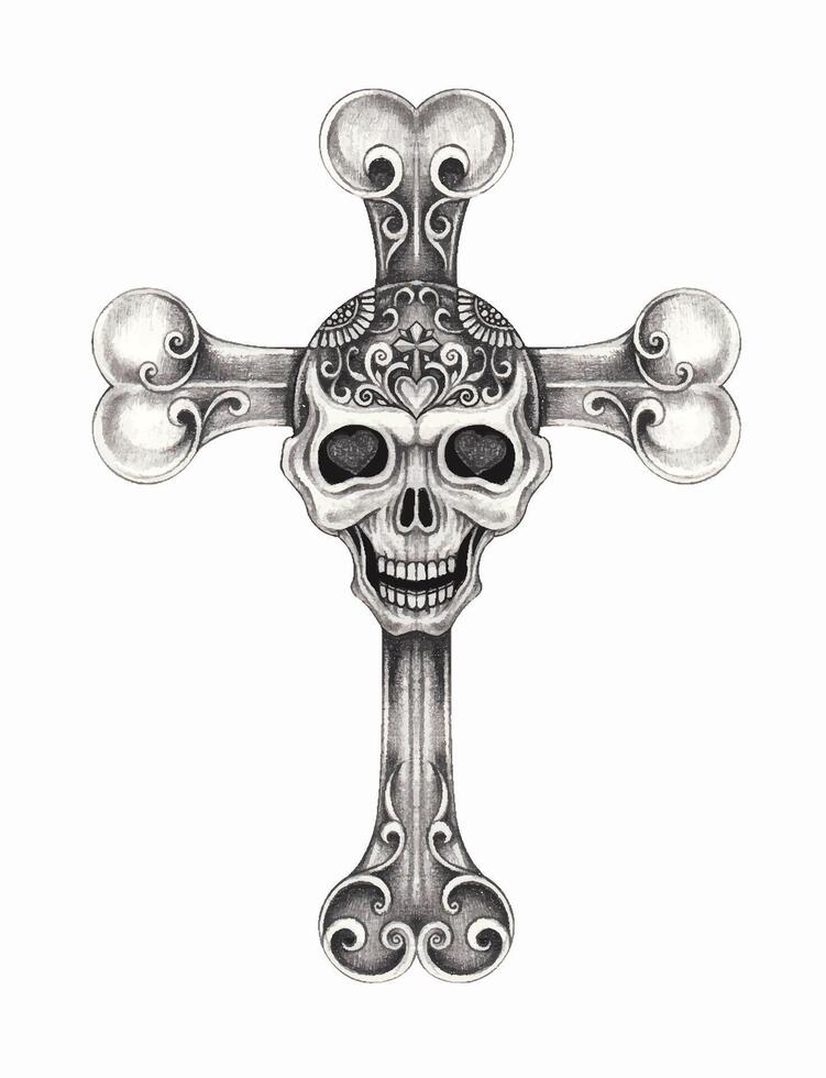 Ornate skull cross with filingree pattens design by hand drawing and make graphic . vector