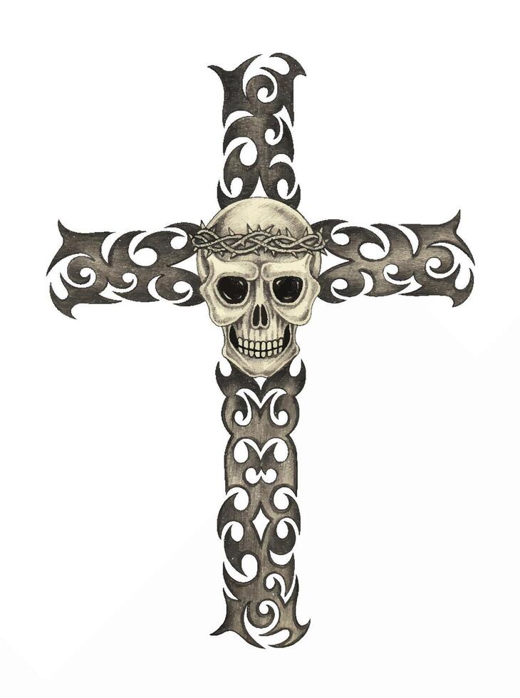 Gothic tribal skull cross design by hand drawing and make graphic . vector