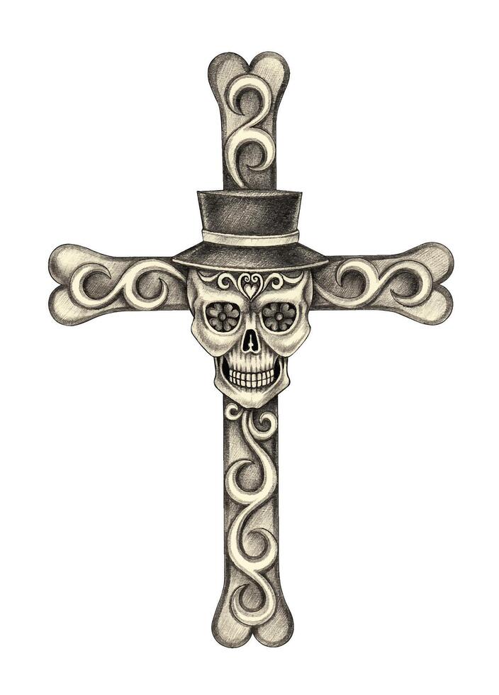 Gothic skull cross with top hat design by hand drawing and make graphic . vector