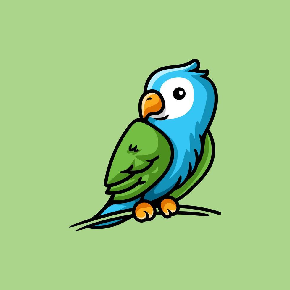 fun blue parrot bird cartoon character colored isolated drawing line art style sketch classic vintage design illustration vector