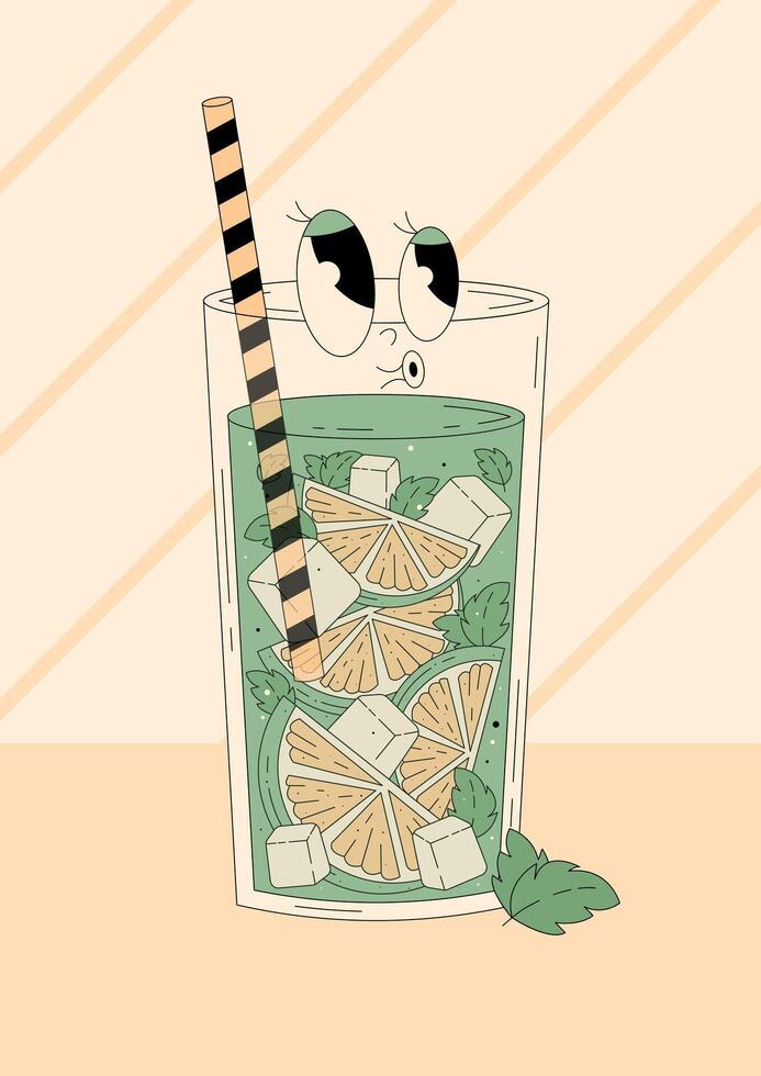 Groovy character mojito with emotion. Retro summer poster with popular alcoholic cocktail and empty space. Vintage illustration vector