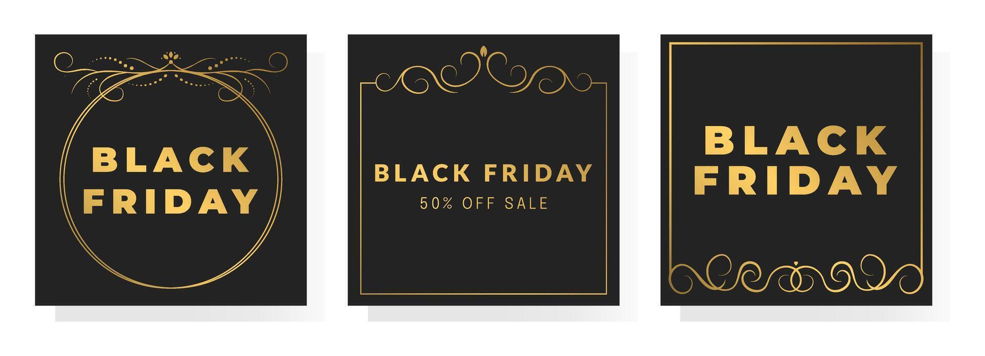 Black Friday, 50 off sale template with gold vintage calligraphic frame and typography on black background. Creative concept for card, banner, poster. set vector