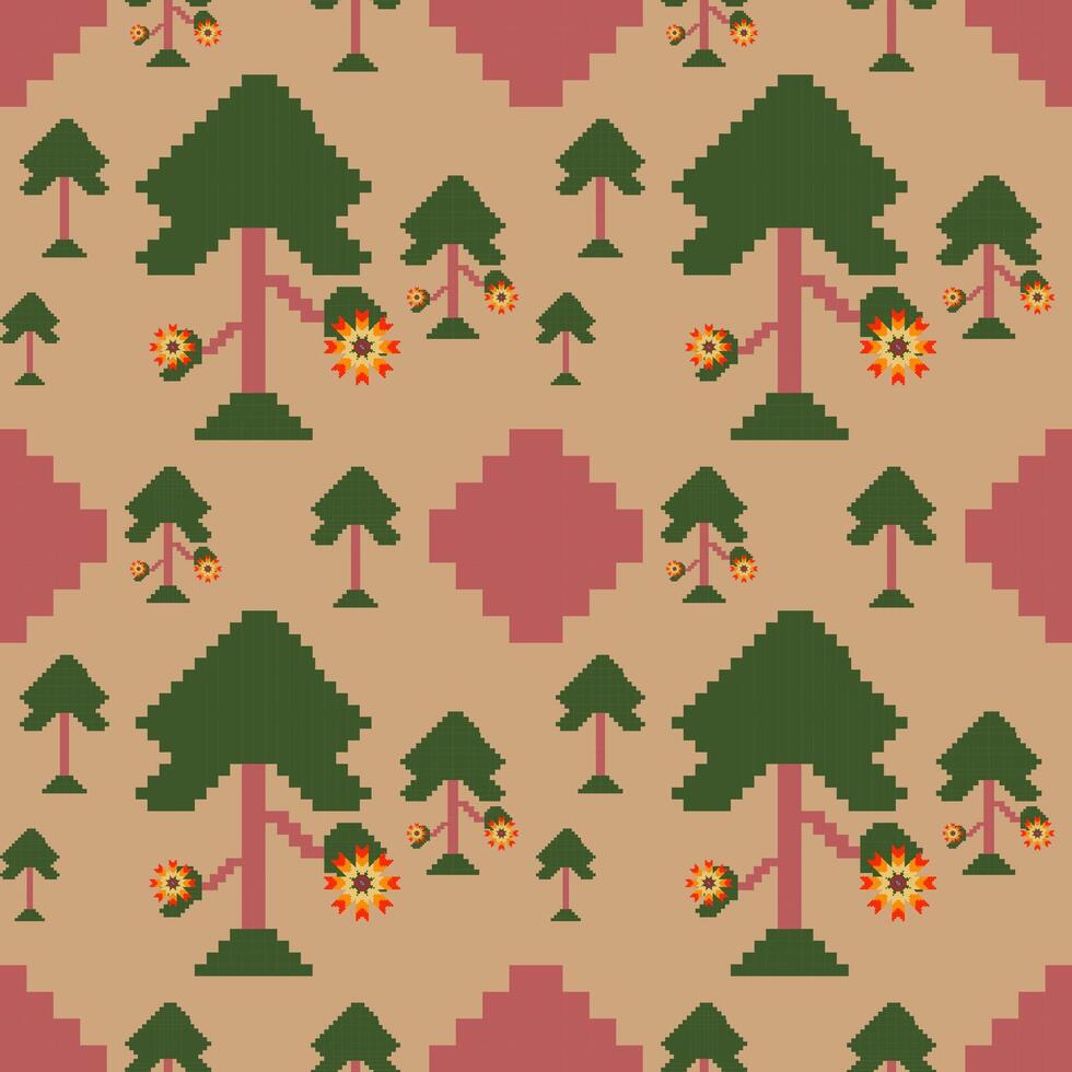 Seamless nature pattern of pixelated trees on yellow background. vector