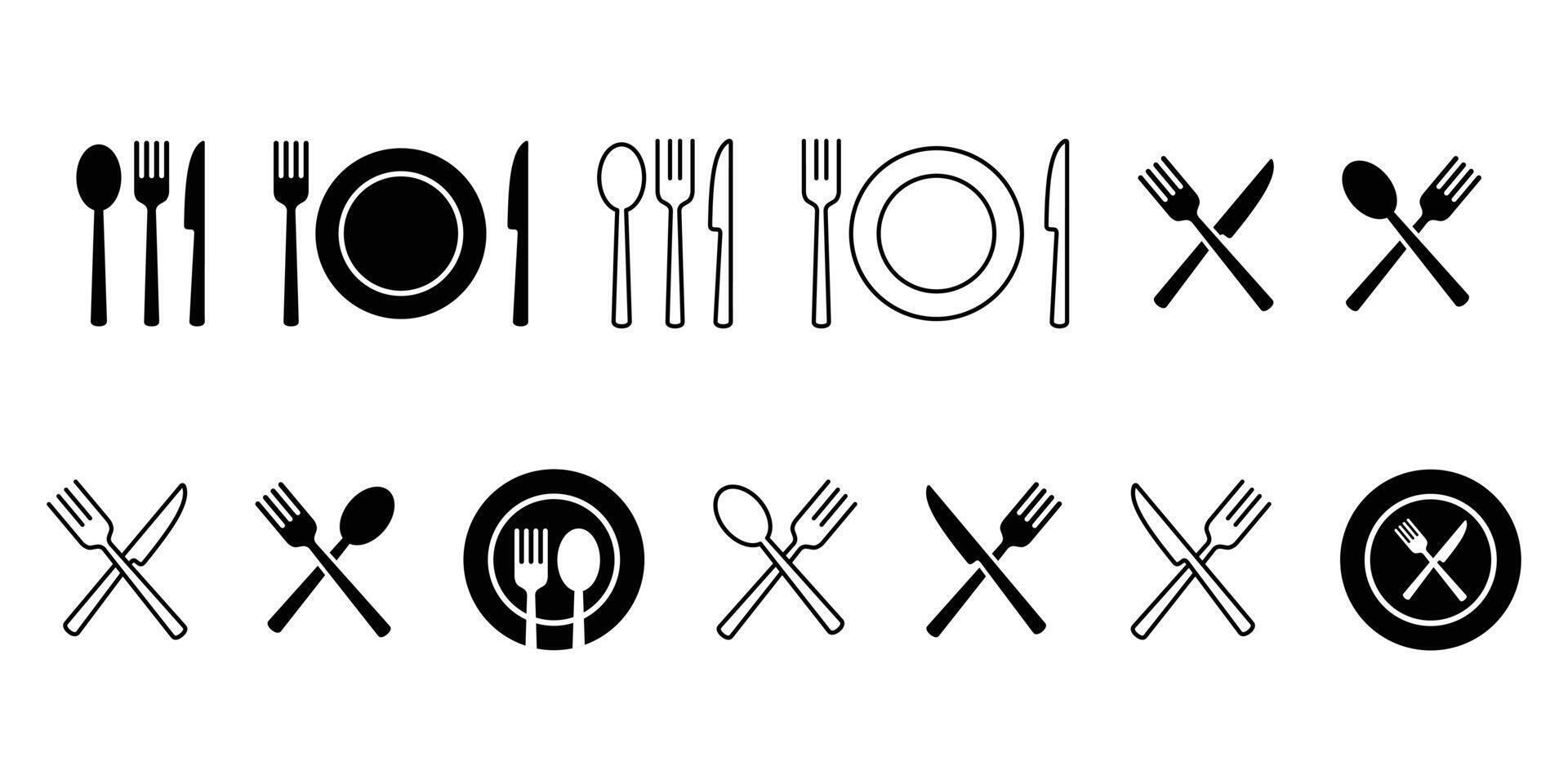 Fork, knife, spoon, and plate icon set. Cutlery and crockery sign. Tableware icon. Menu symbol. Restaurant utensil symbol. vector