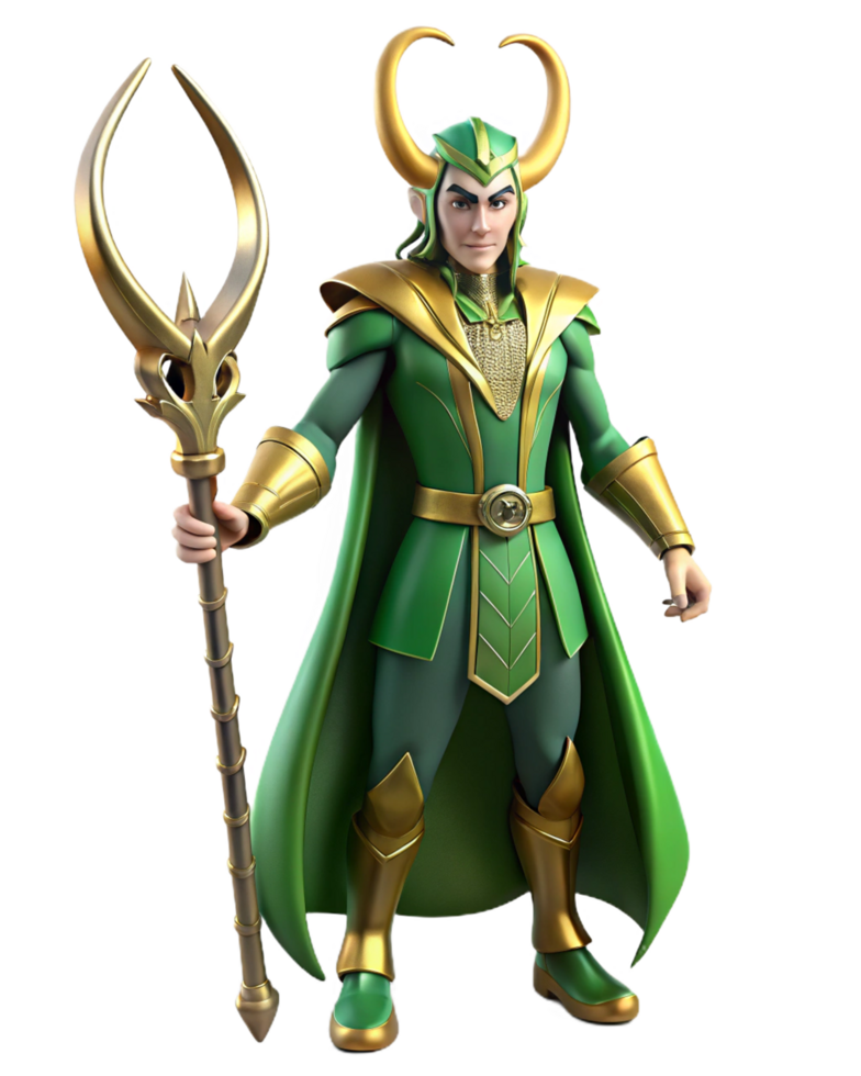 Loki 3D Artwork in Green and Gold Costume png