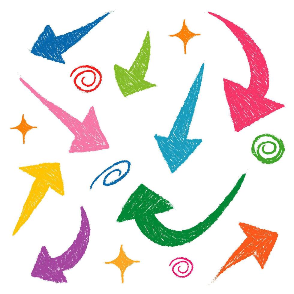 Colorful crayon hand drawn Arrows icons Set. arrow icon with various directions. Doodle illustration. isolated on a white background vector