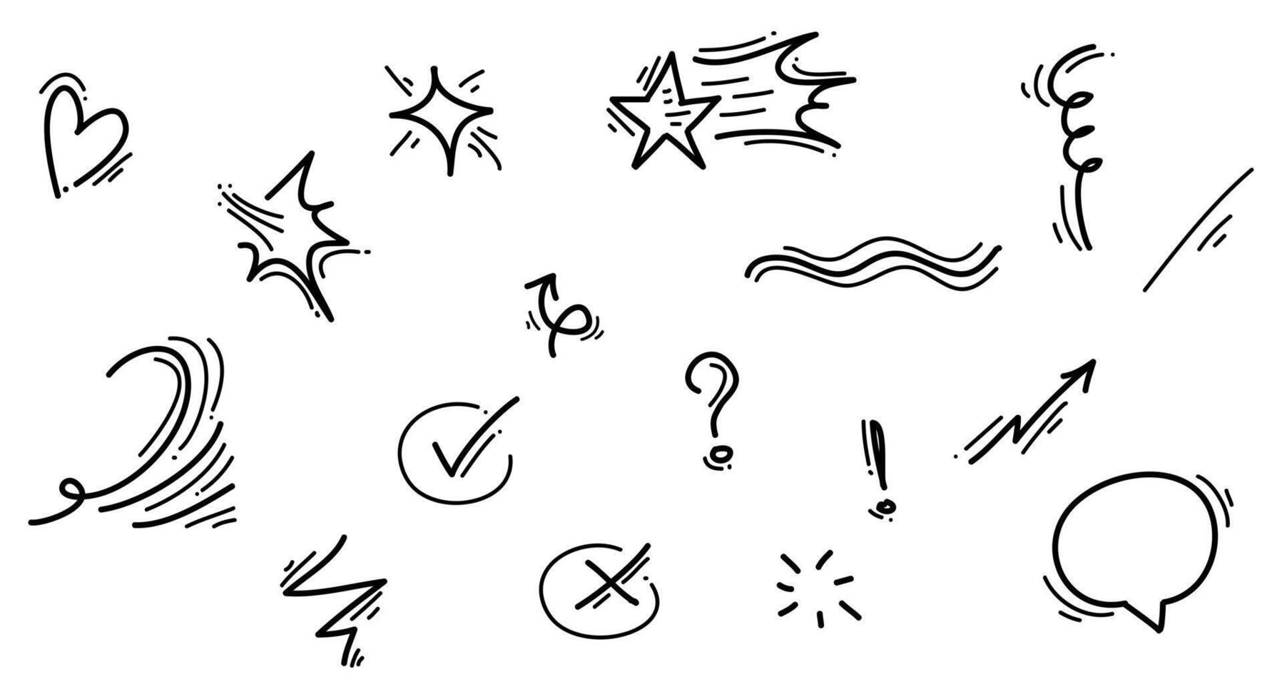 Hand drawn set of doodle emphasis design elements. wind, arrow, heart, exclamation, star. used for infographic concept design vector