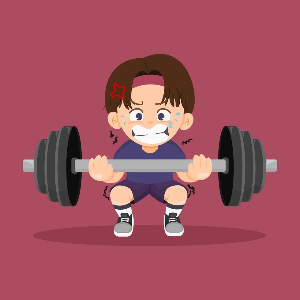 Cartoon character lifting a heavy barbell with a determined expression. Great for fitness, strength training, and workout-themed illustrations vector