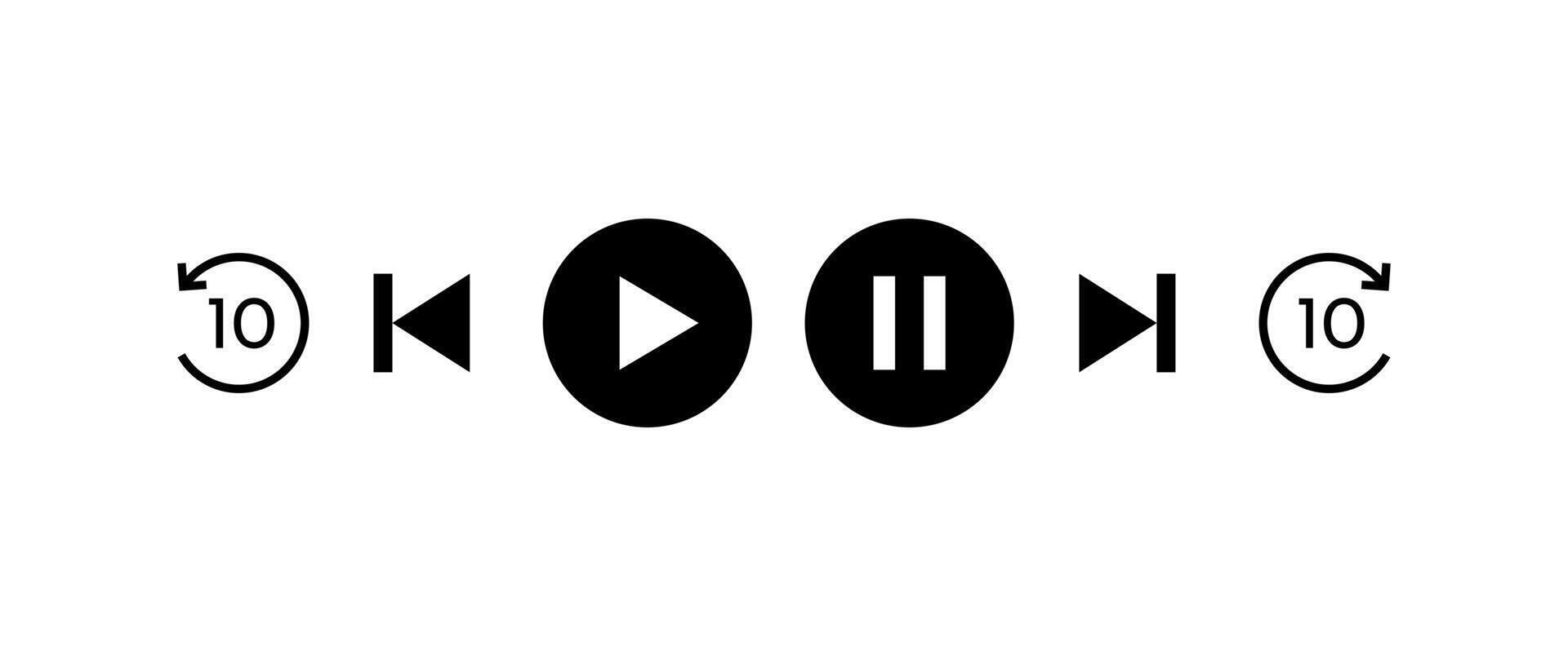 Playback icon set with 10 second previous and next. play, pause, start, end vector
