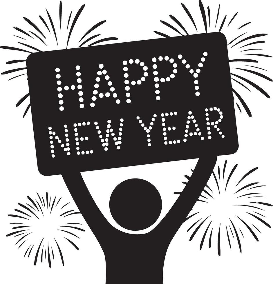A black silhouette of a person holding a sign that says Happy New Year in white dots. Fireworks are surrounding the person and sign. vector