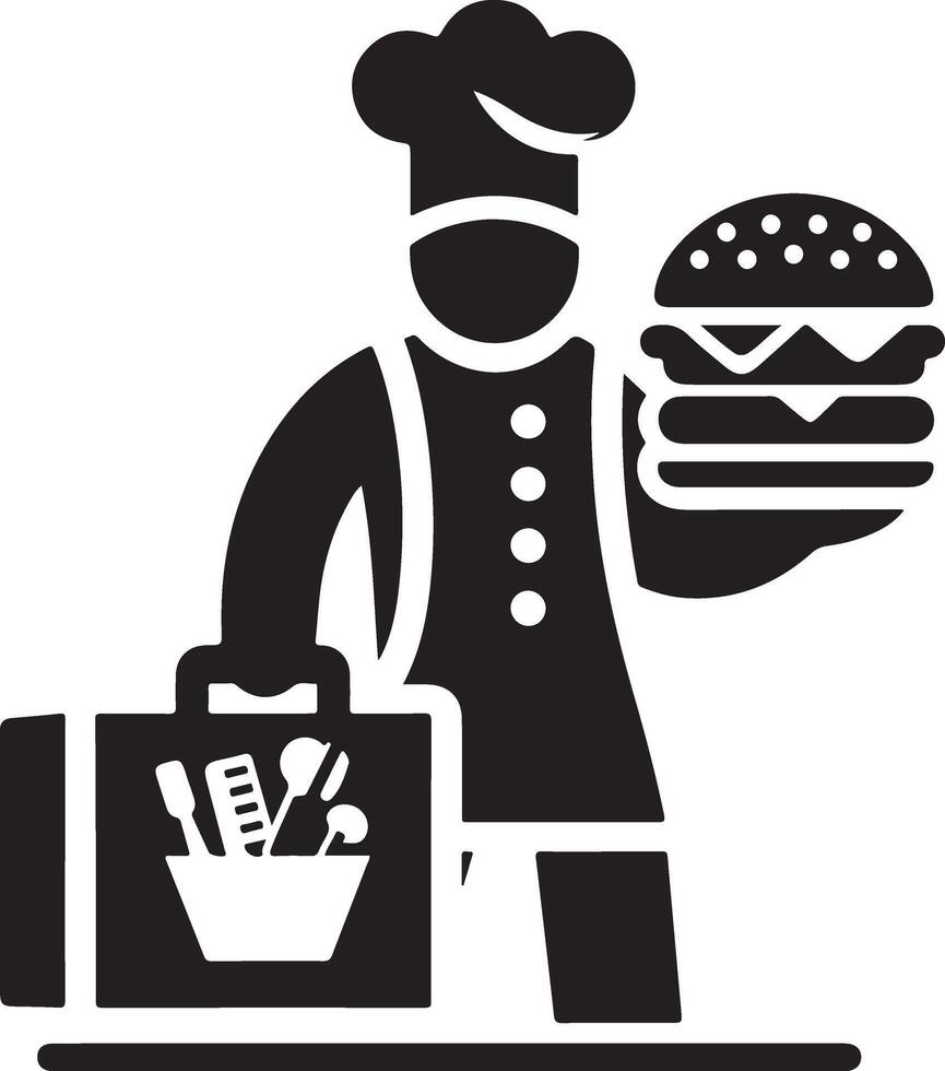 Chef carrying a burger and supplies in a bag. vector