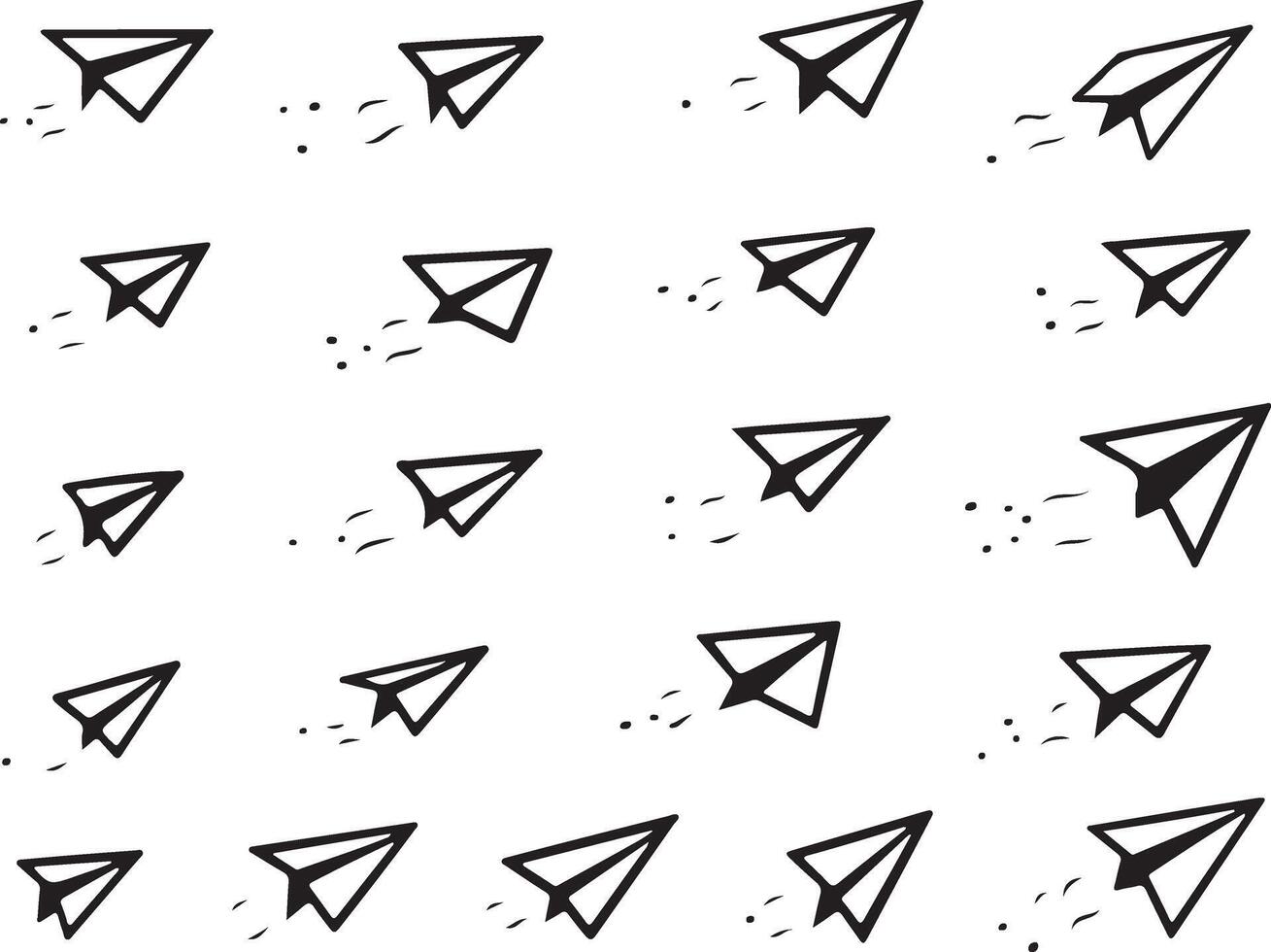 A collection of twenty simple black paper airplane icons flying in various directions. Each plane has a simple trail. Minimalist design. vector