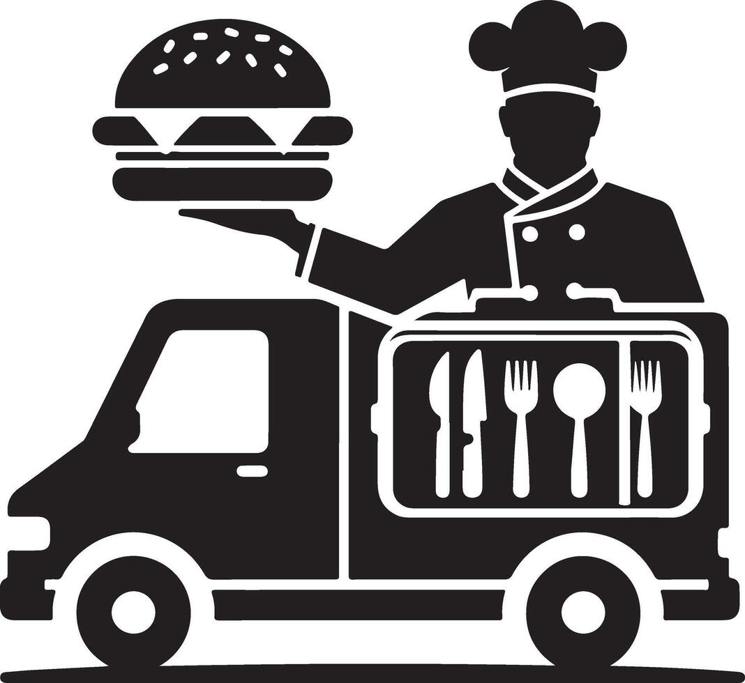 Silhouette of a chef in a truck offering a burger. Cutlery is visible inside. Simple, blackandwhite graphic design. vector