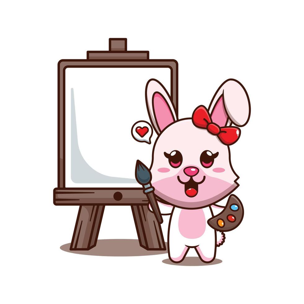 Cute bunny wants to paint on canvas cartoon illustration. vector