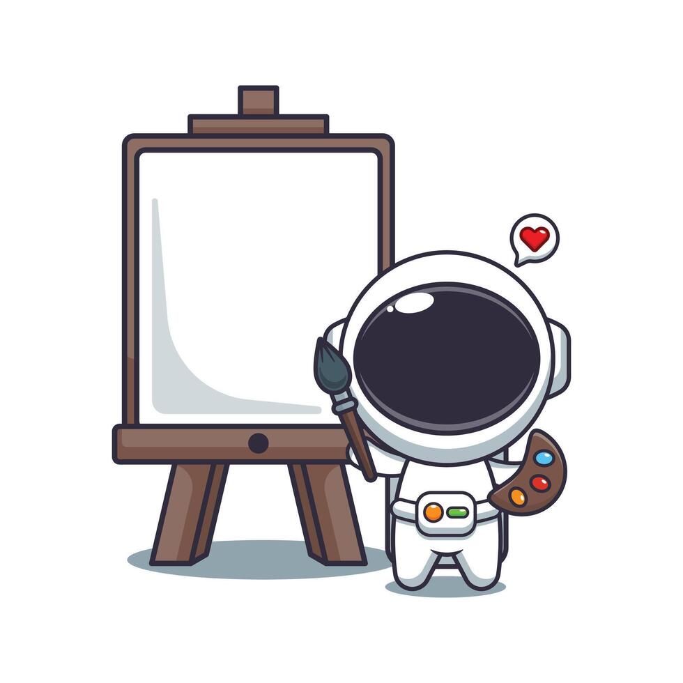 Cute astronaut wants to paint on canvas cartoon illustration vector