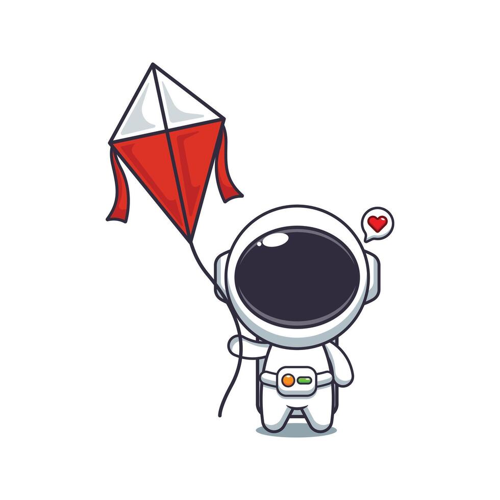 Cute astronaut playing kite cartoon illustration vector