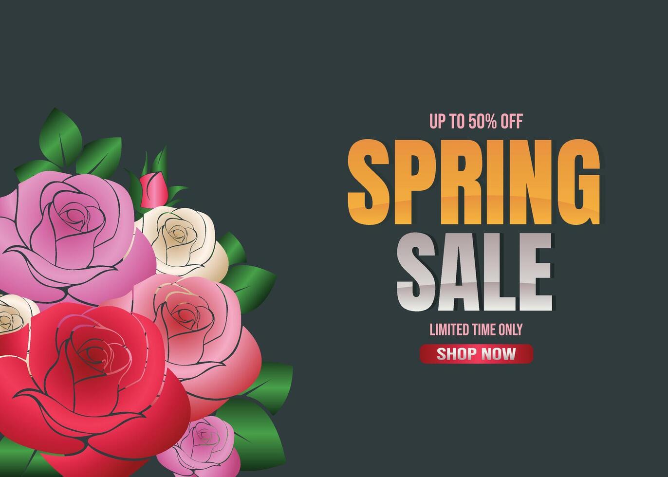 Spring sale flowers background. Spring sale text, colorful rose flowers in back background for spring seasonal promotion. vector