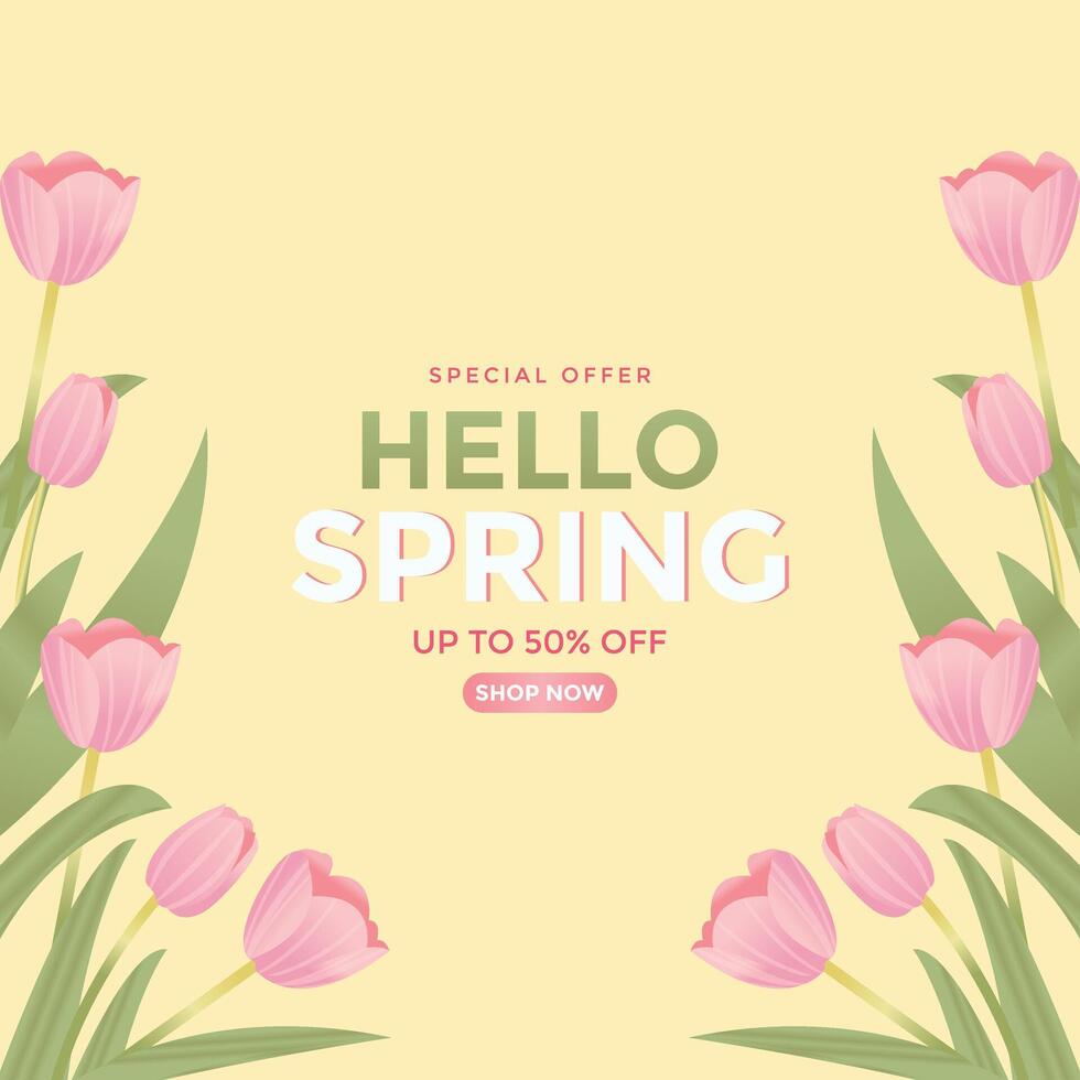 Spring special sale offer banner background with spring season sale text and tulip flowers. Can be used for web banners, wallpaper, flyers, voucher discount. vector