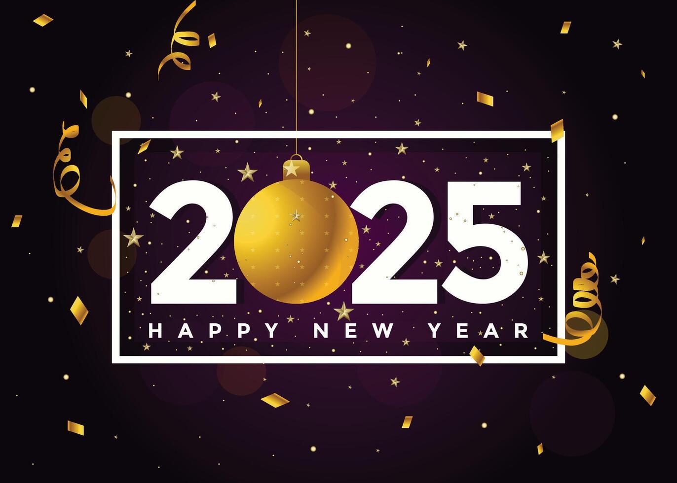 2025 golden on New Year dark background with Confetti and xmas ball. Celebration New Year's Eve. Golden confetti and glitter on dark Background. vector
