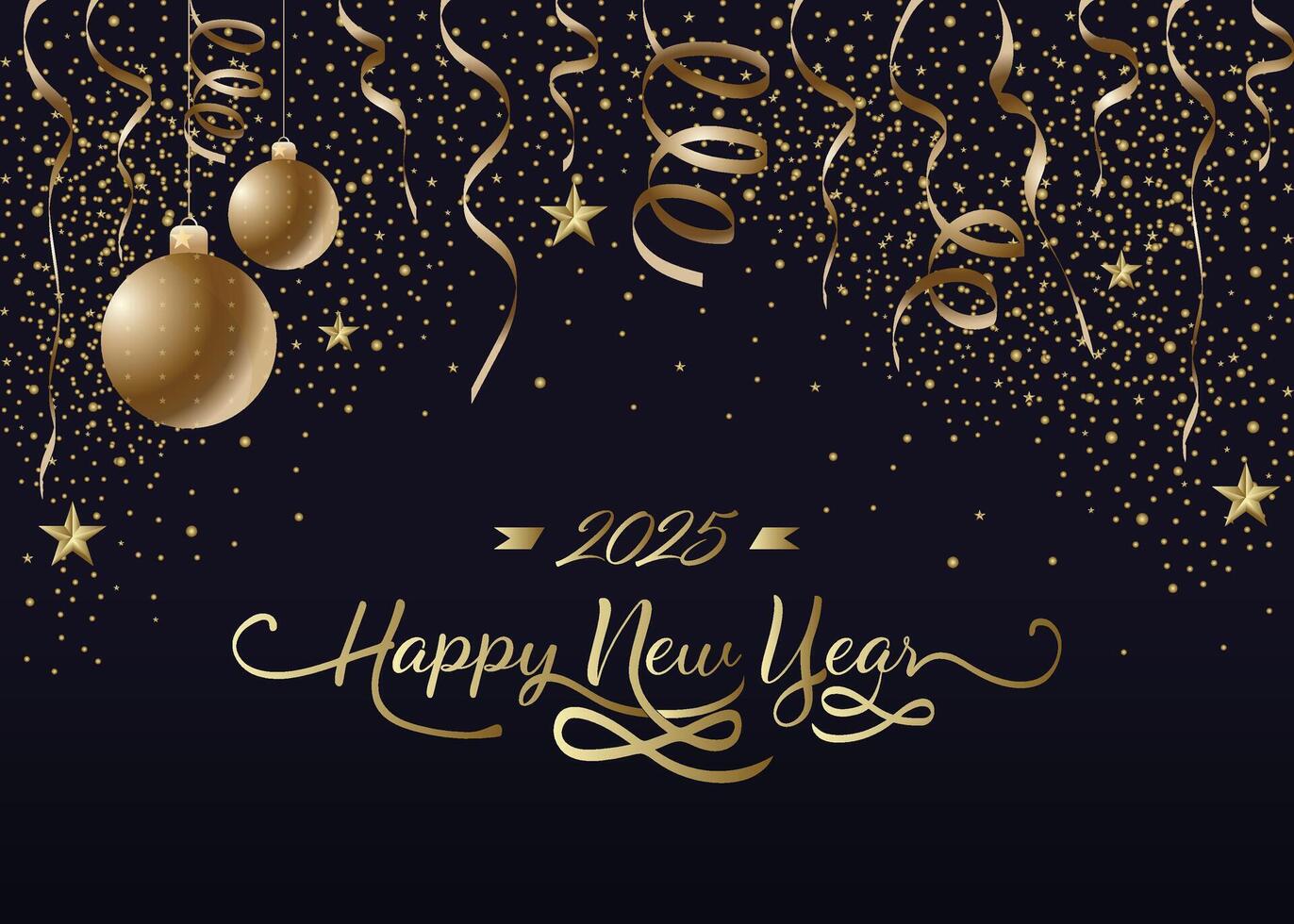 Happy New Year dark background with Confetti and xmas ball. Celebration New Year's Eve. Golden confetti and glitter on dark Background. vector