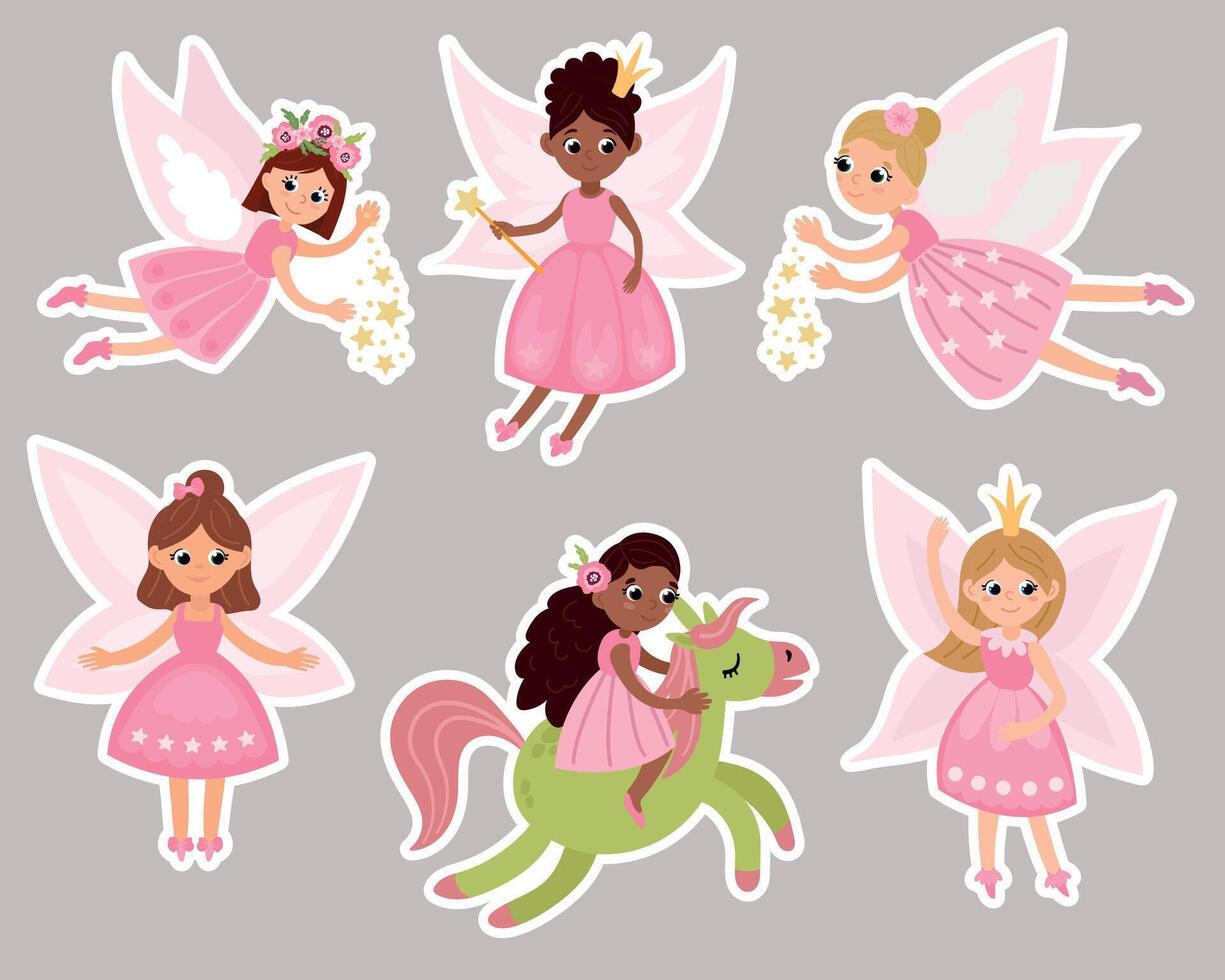 Set of fairy stickers. Cute hand-drawn fairies vector
