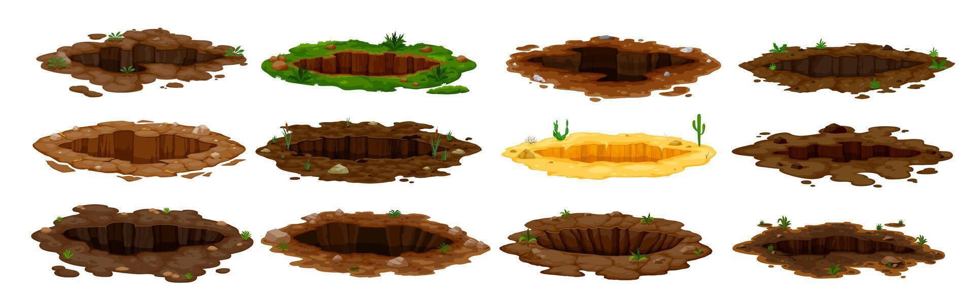 Dirty pits and burrows, deep ground holes in earth vector