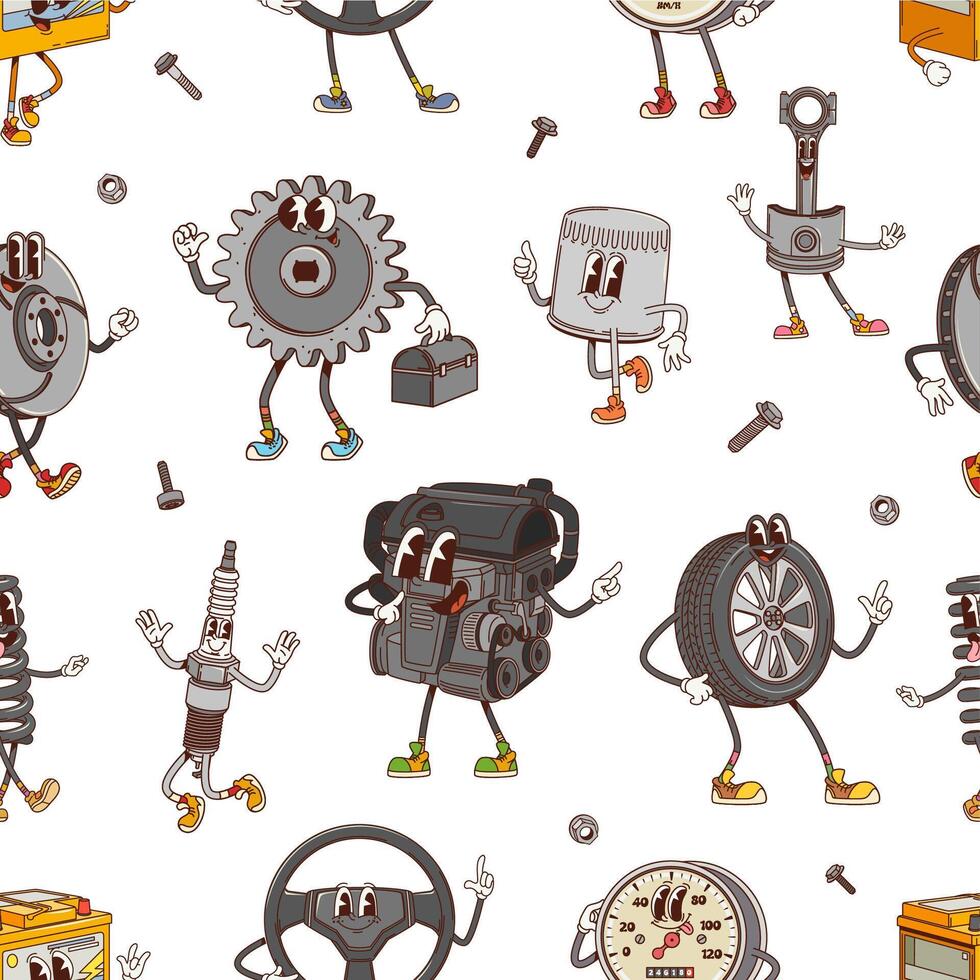 Groovy car spare parts and tool characters pattern vector