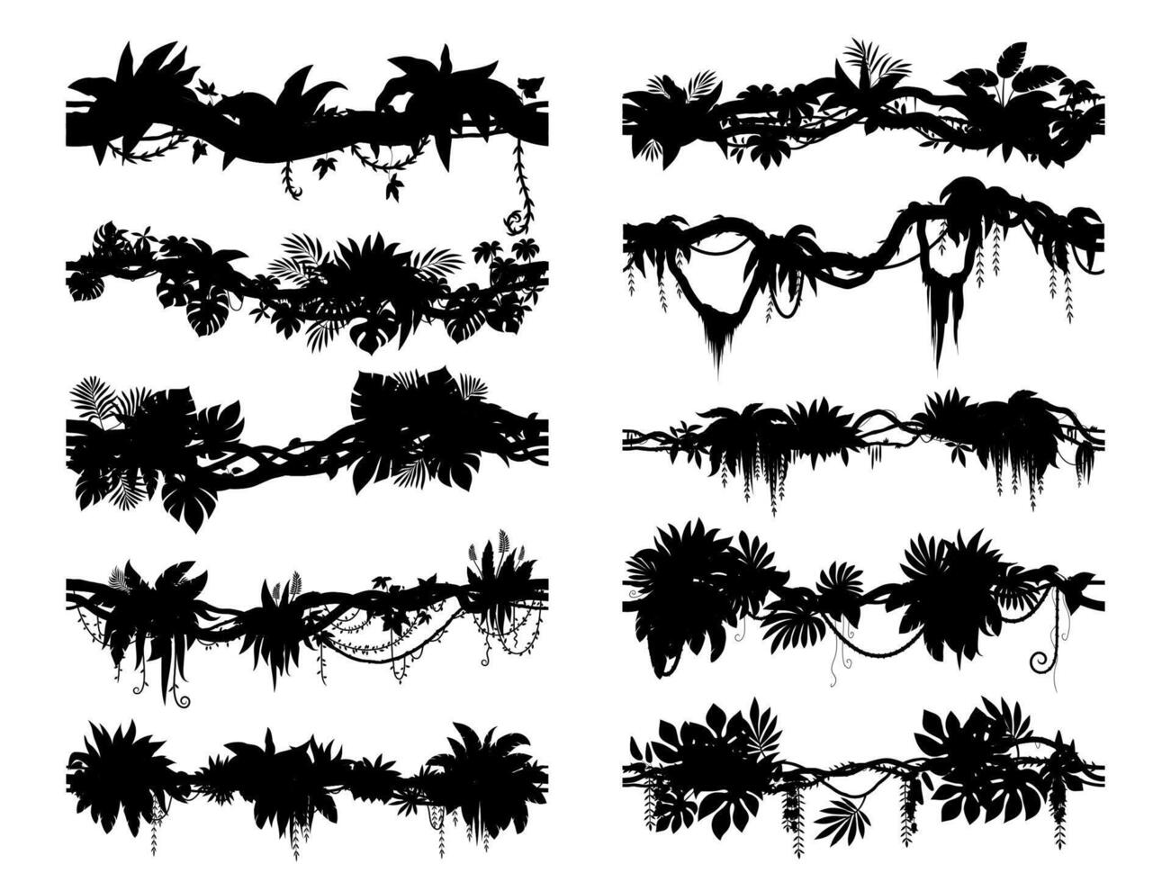 Tropical jungle forest liana branch silhouettes vector