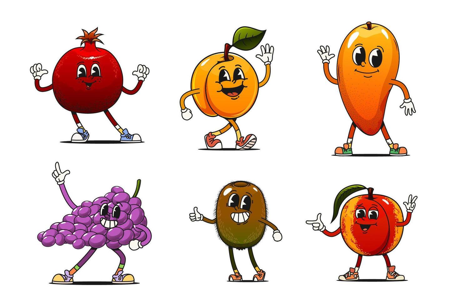 Cartoon groovy fruits, playful retro characters vector