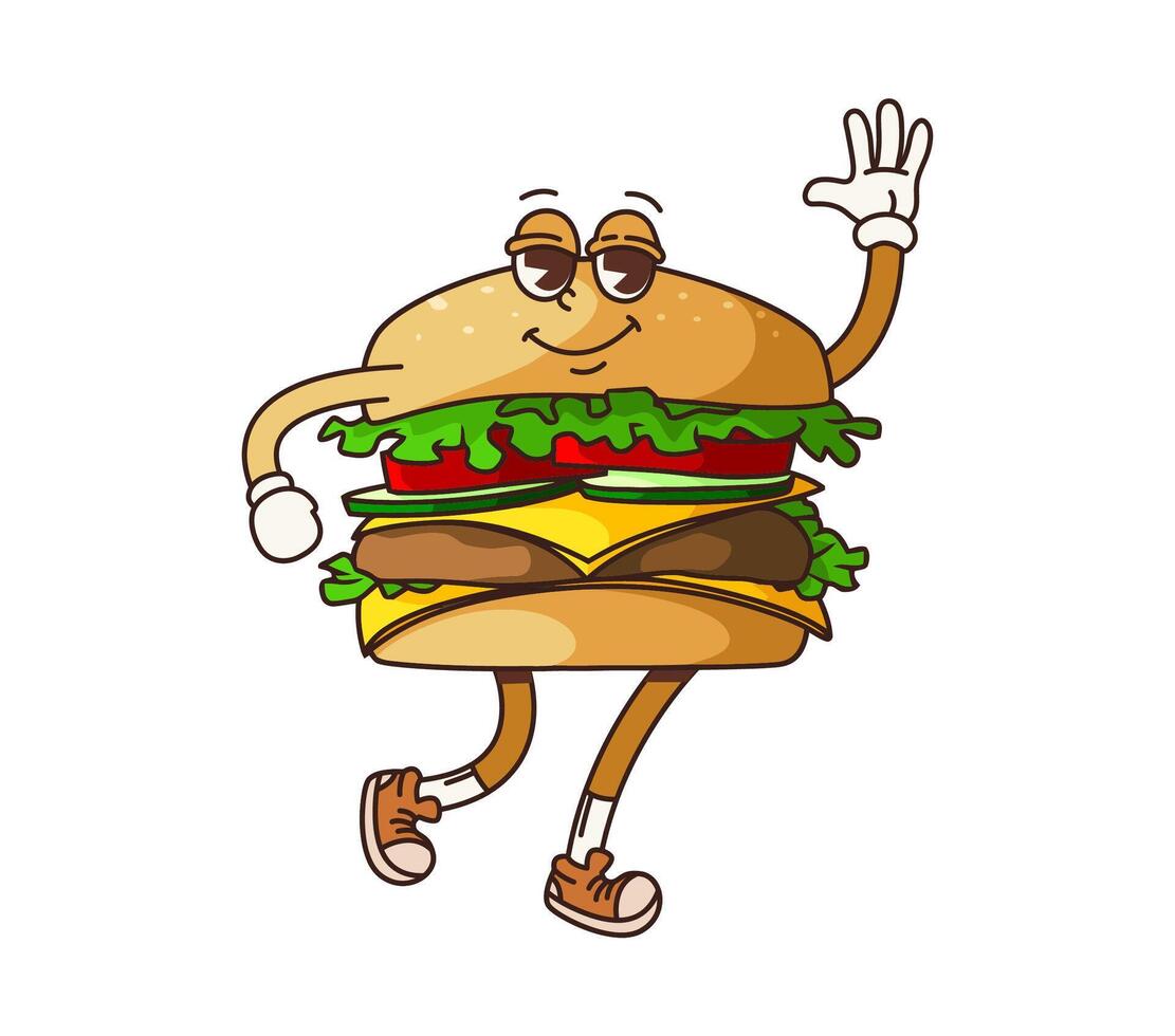 Groovy fastfood cheeseburger character waving hand vector