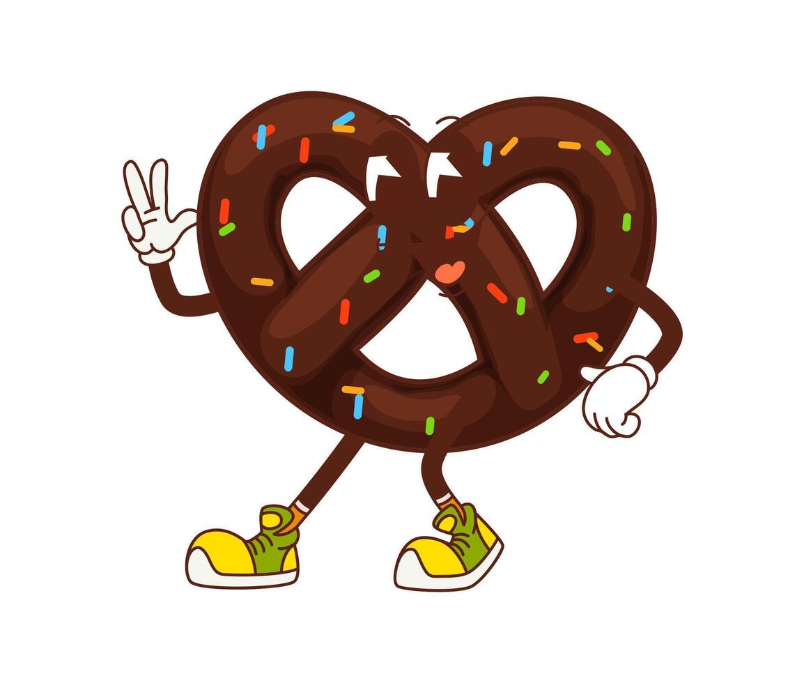 Cartoon pretzel groovy character with peace sign vector