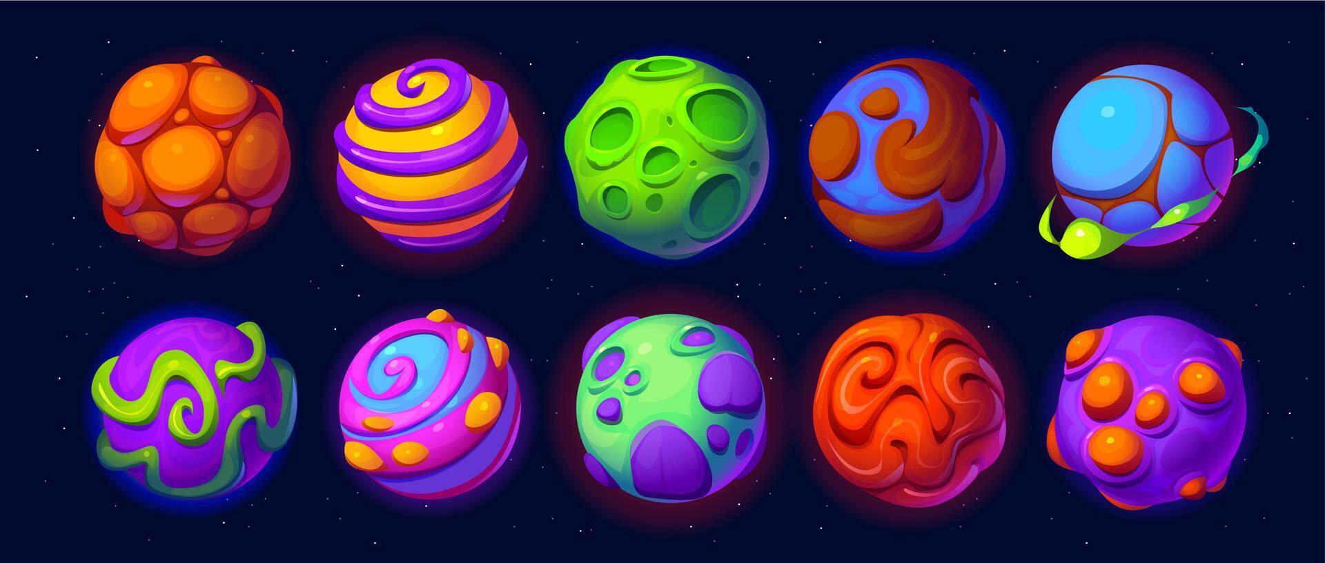 Cartoon fantasy alien space planets, game assets vector