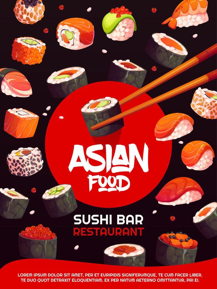 Japanese cuisine poster with flying sushi rolls vector
