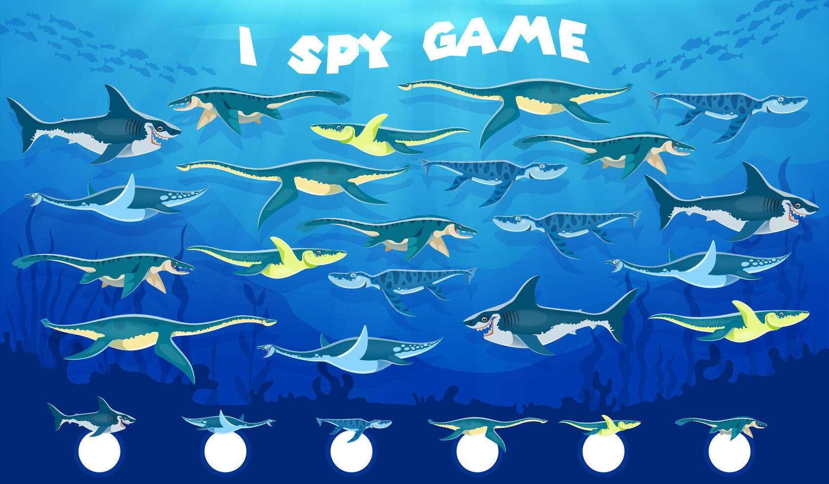 I spy game worksheet with sea underwater dinosaurs vector