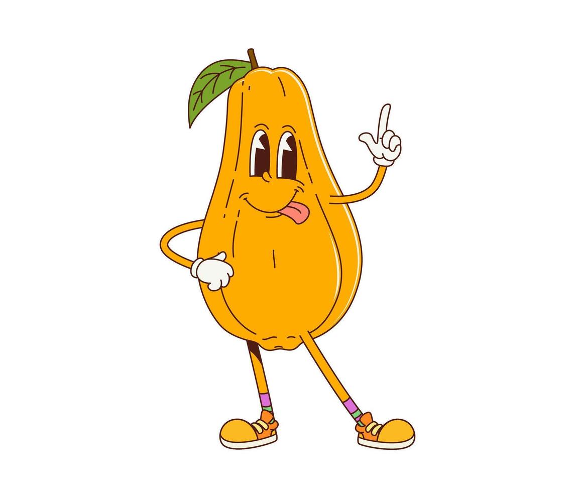 Cartoon retro groovy papaya fruit funky character vector