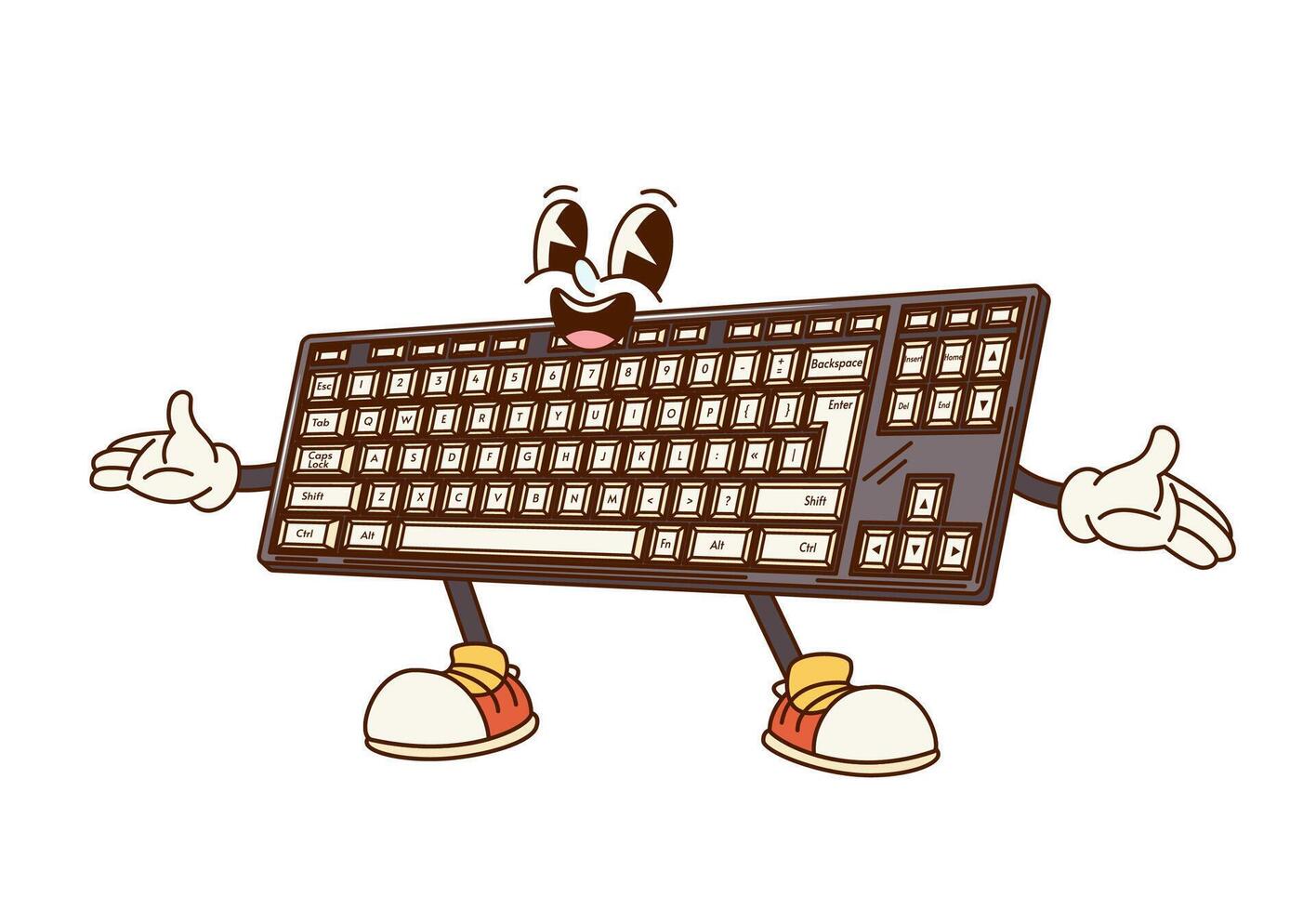 Groovy computer keyboard retro cartoon character vector