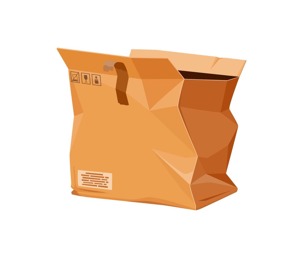 Damaged crumpled box, crushed ripped cargo parcel vector