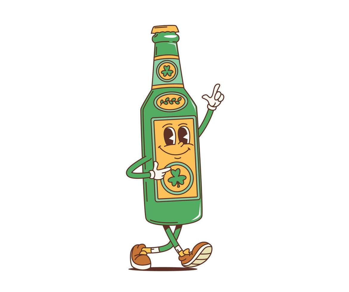 Cartoon groovy green beer bottle, St Patrick day vector
