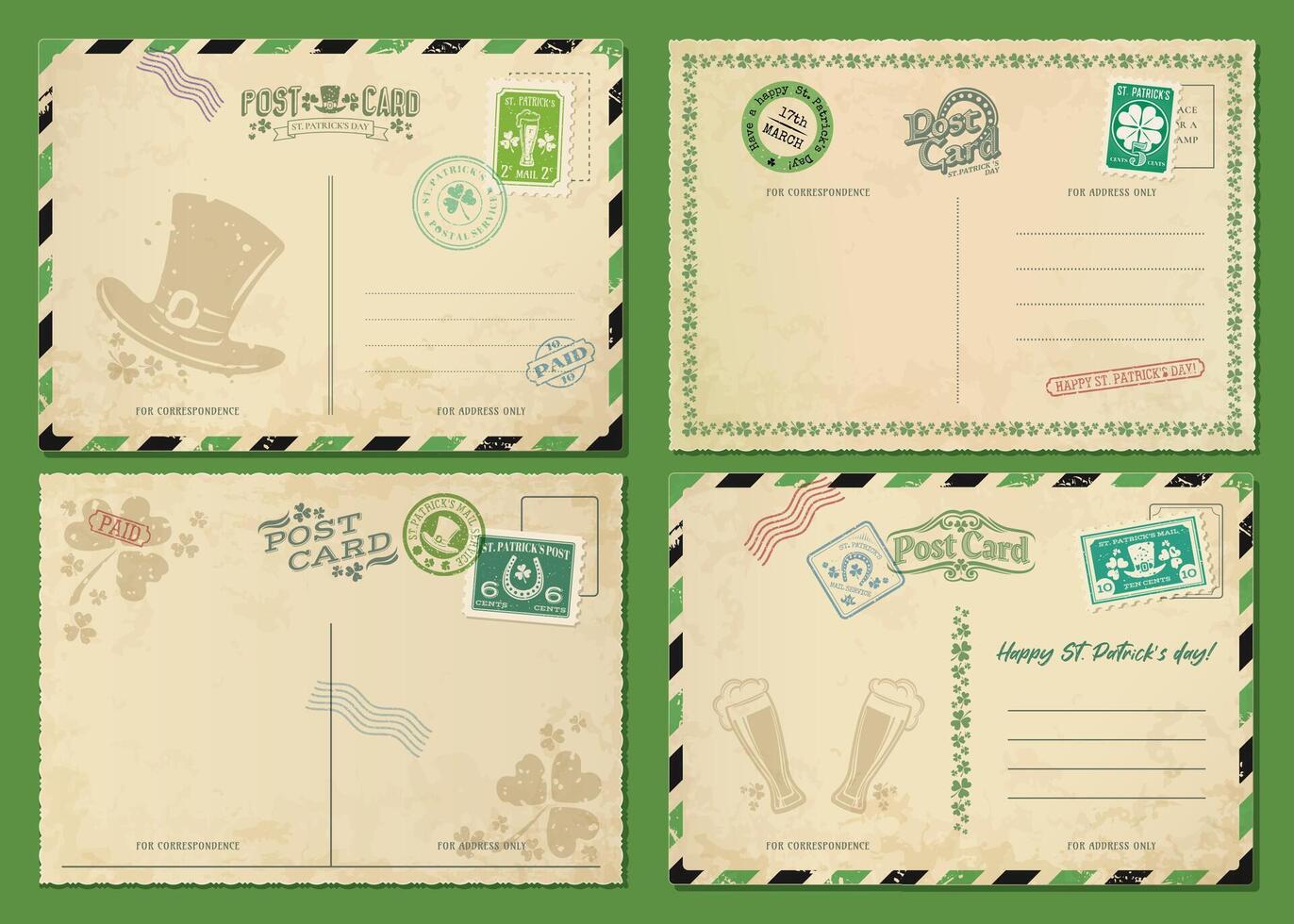 Saint Patrick day antique postcard, postage stamps vector