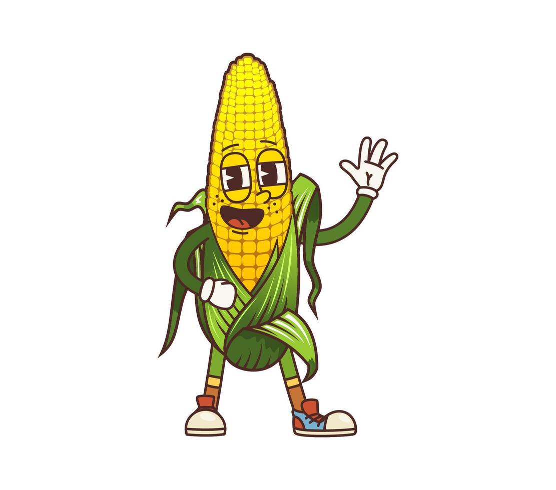Cartoon groovy corn vegetable retro character vector
