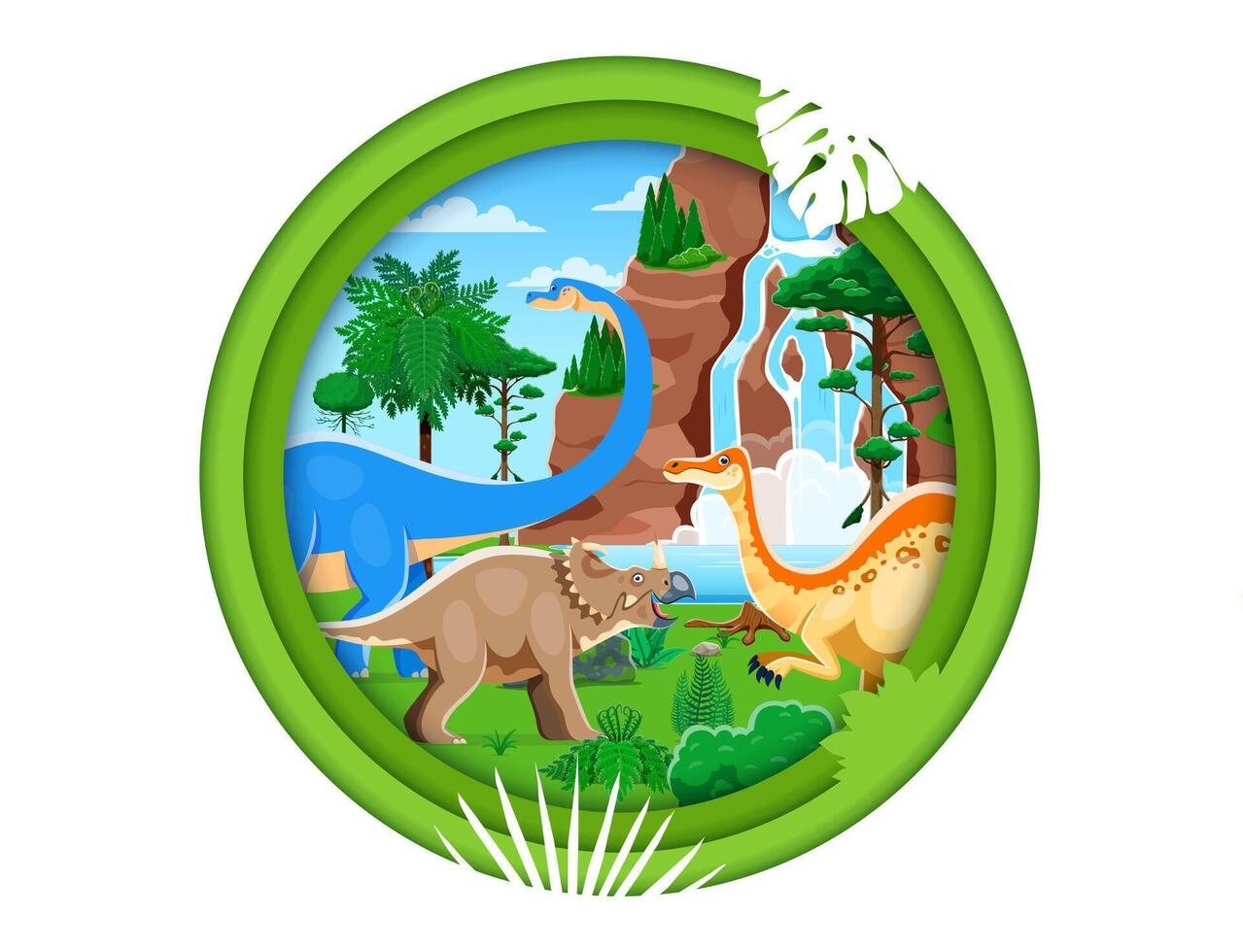 Paper cut prehistoric dinosaurs landscape banner vector