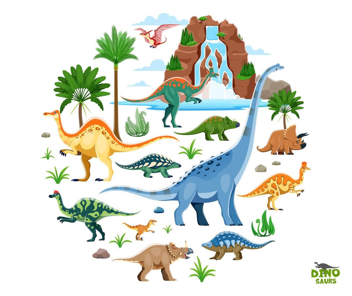 Prehistoric cartoon dinosaurs in round shape vector