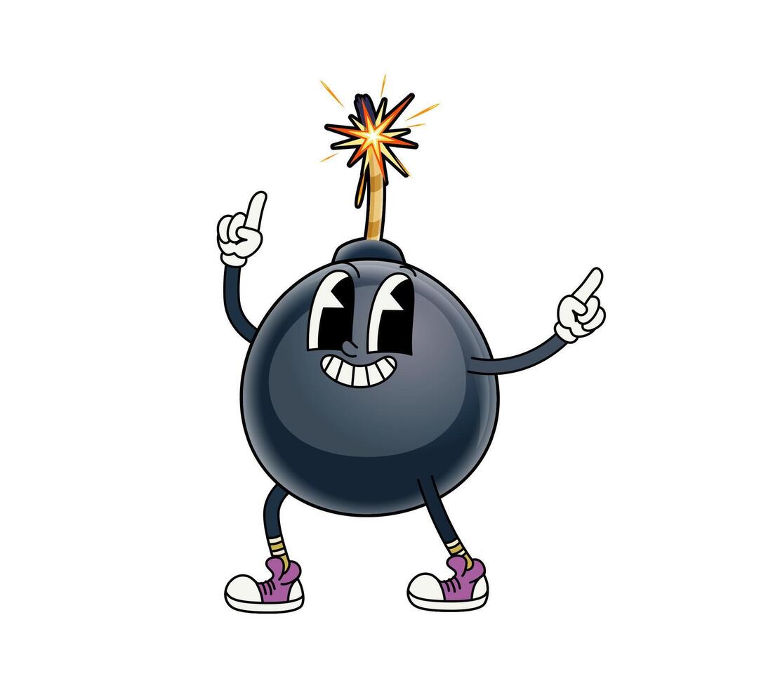 Groovy bomb character with a lit fuse and sneakers vector