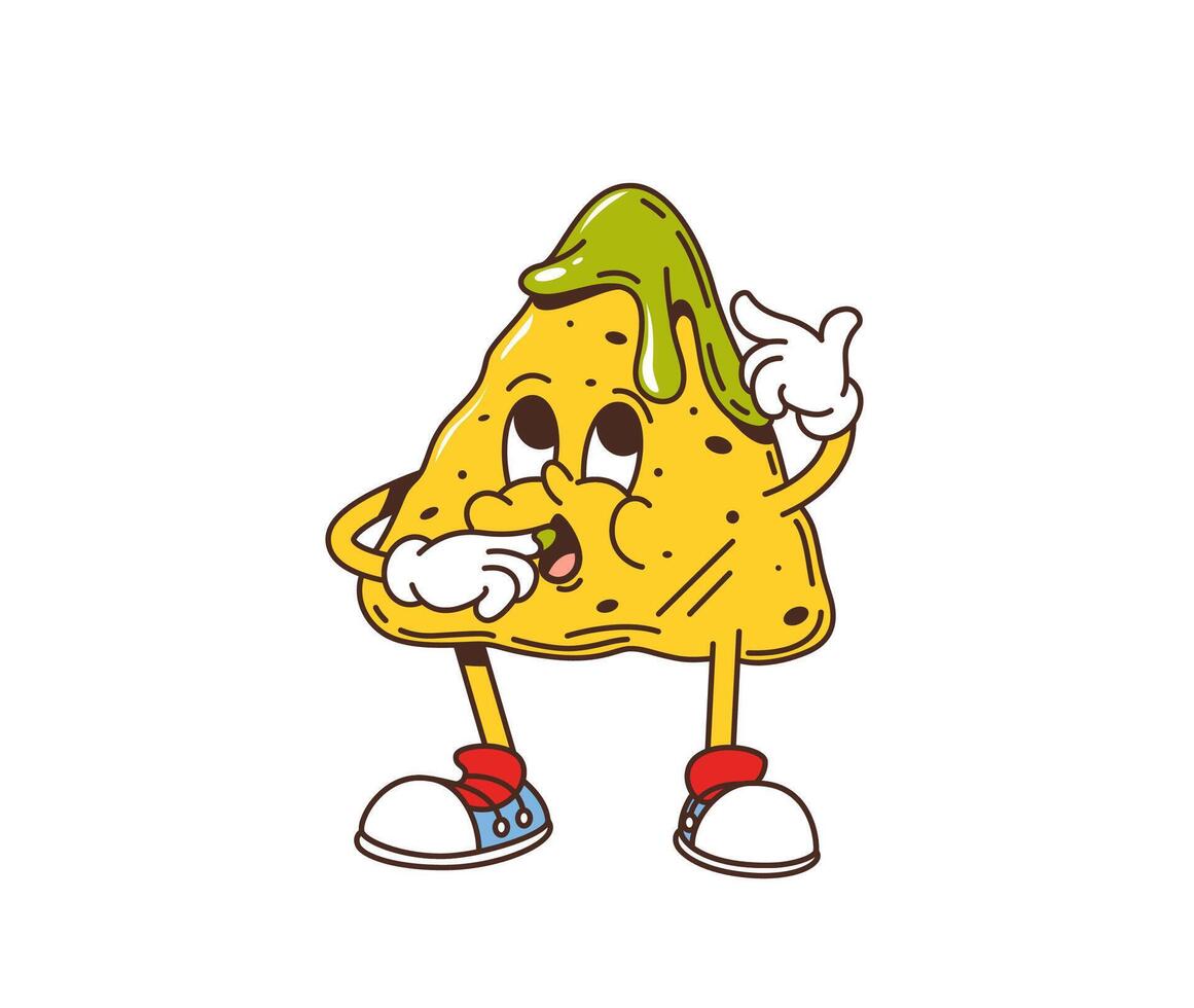 Cartoon retro groovy Mexican nachos chip character vector