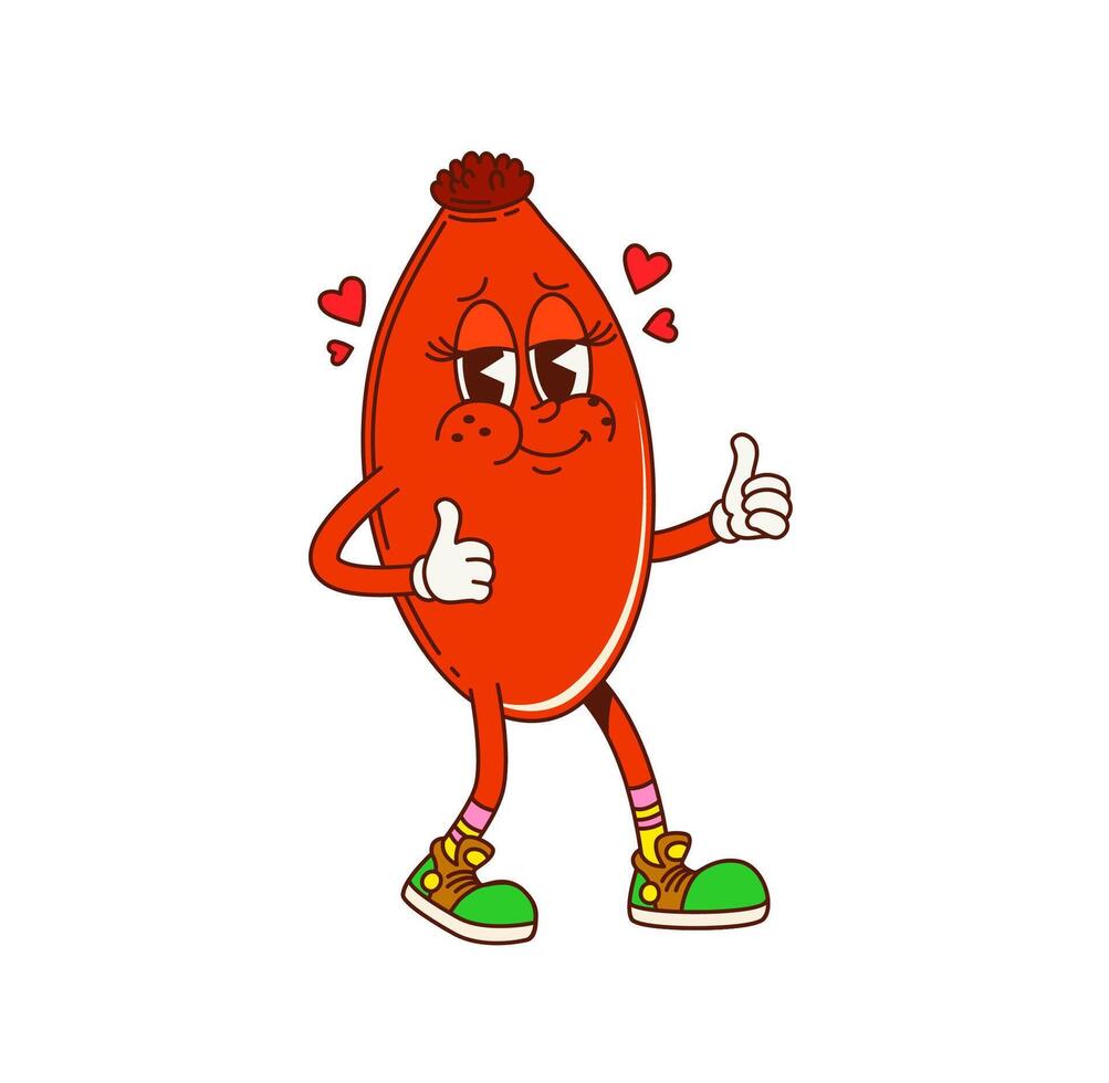 Cartoon groovy rosehip fruit character with hearts vector