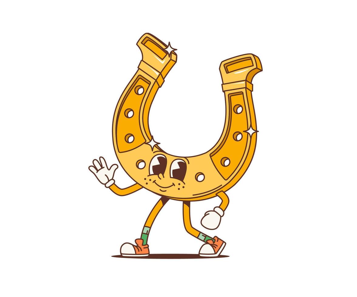 Cartoon retro golden horseshoe groovy character vector