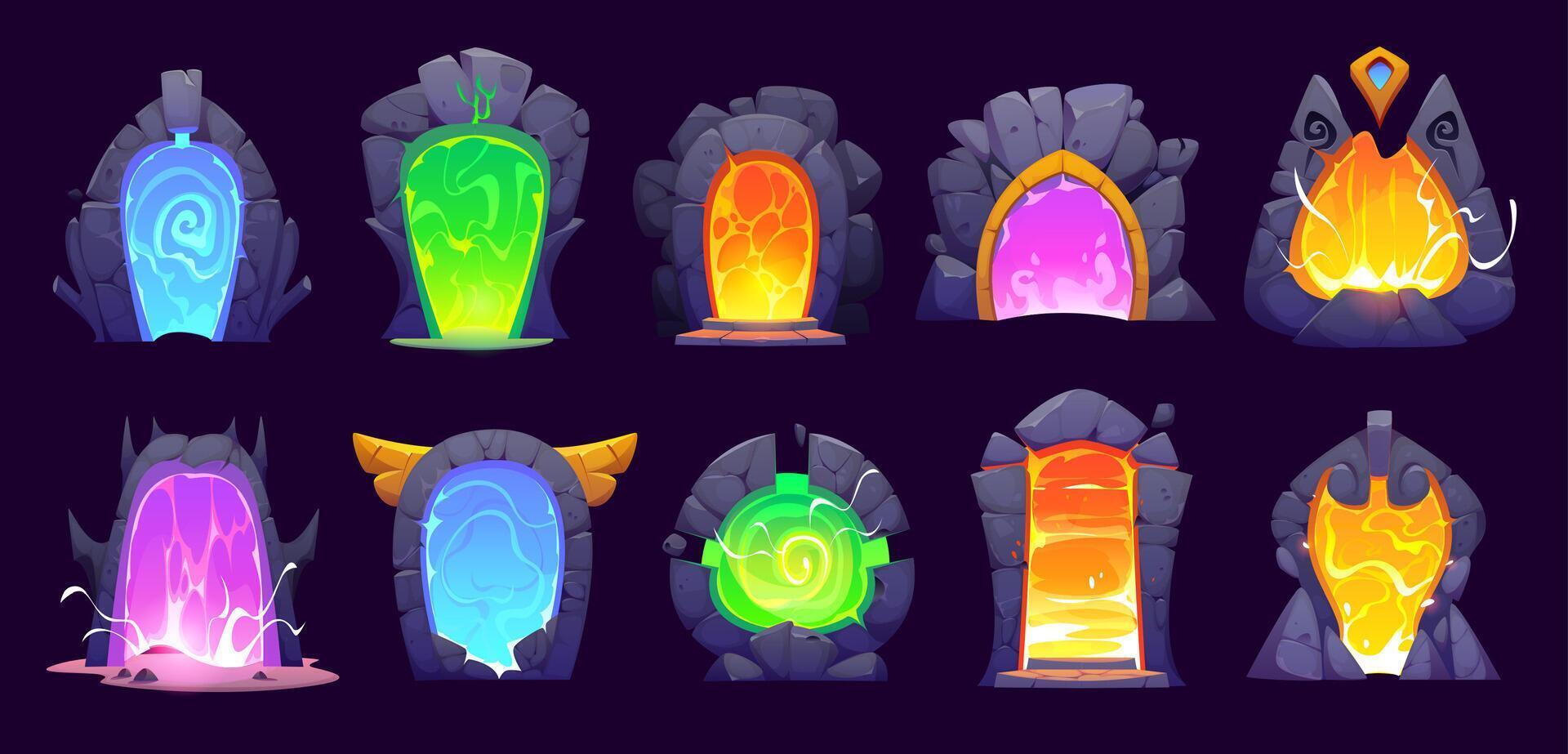 Fantasy game magic portal doors, witchcraft assets vector