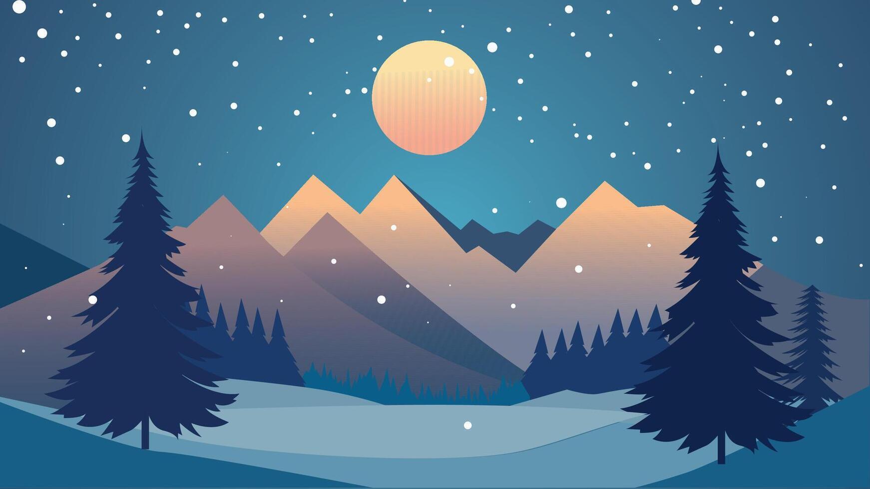 Snowy Mountain Landscape with Pine Trees Forest in Snow Winter Season and Full Moon in Night Sky vector