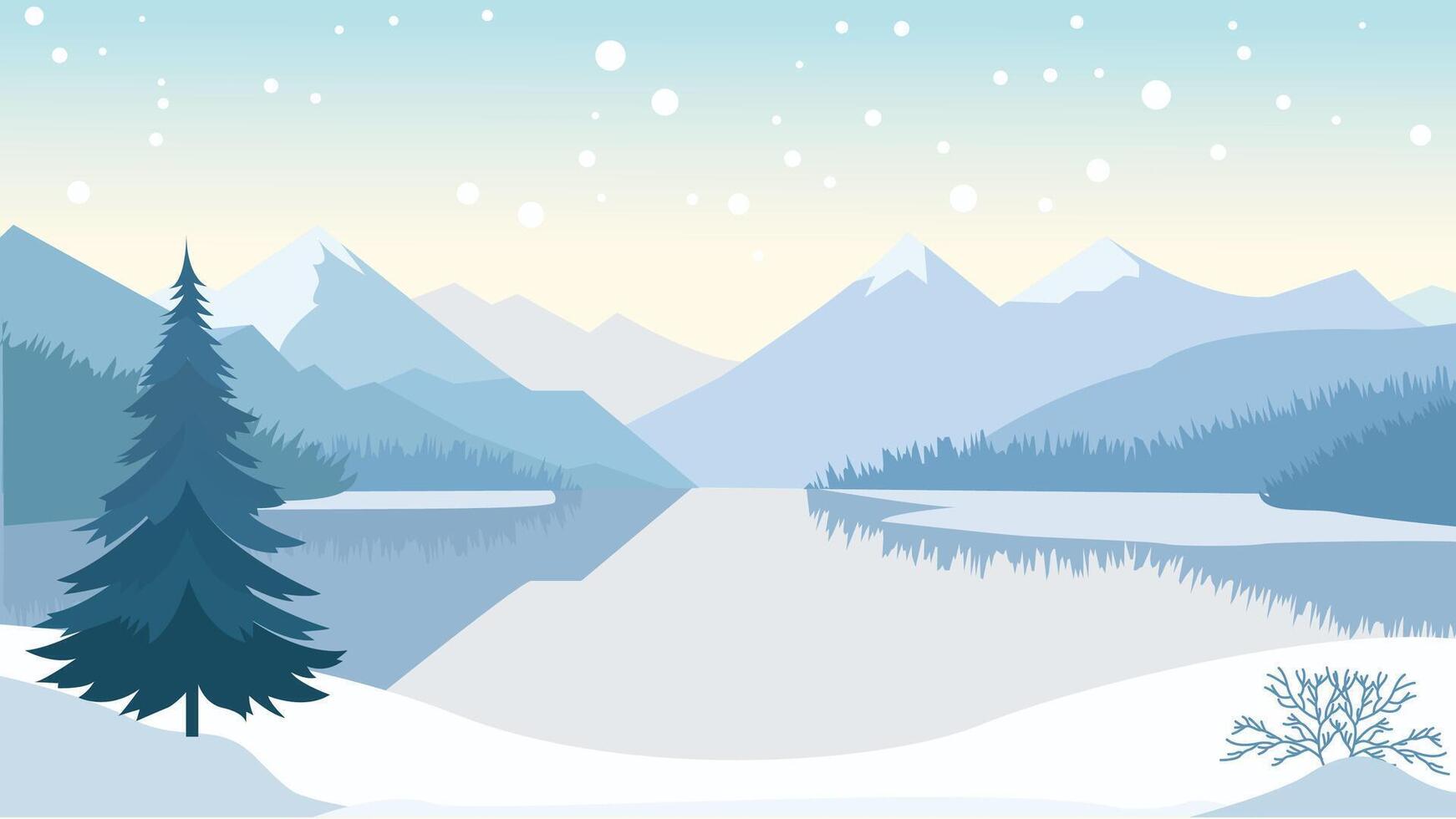 Winter Snow Mountain Nature Scenery with River in Bright Sky vector